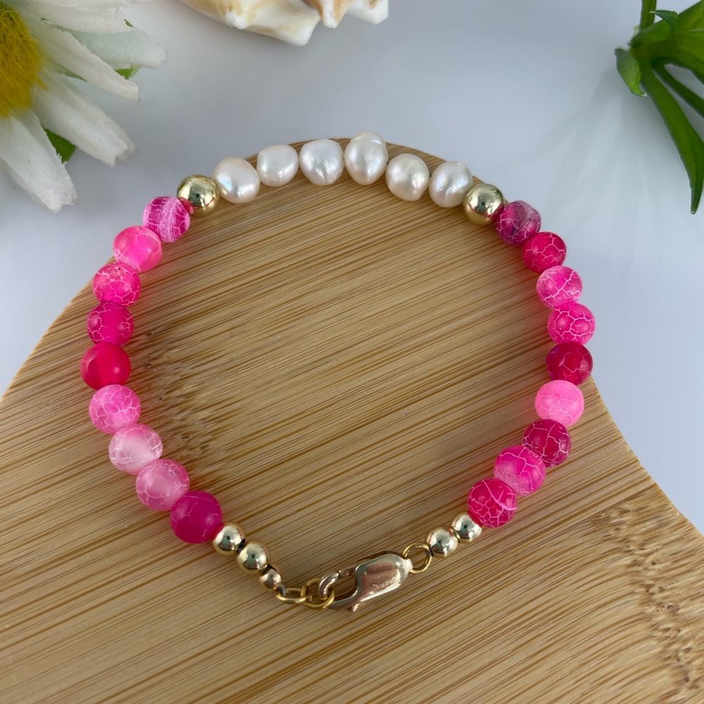 6mm Pink Fire Agate Cracked & Freshwater Pearls Beaded Bracelet Gold Filled